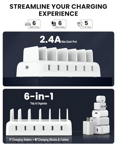 Charging Station for Multiple Devices, Honcila 50w 6 Port Fast Charger Stations for iPhone, iPad, Cell Phone, Tablet, Multi Device Charging Dock Organizer with 6 Mixed Charging Cables - Image 4