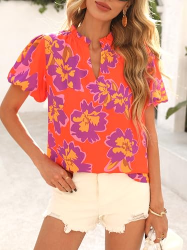 MASCOMODA Boho Short Sleeve Floral Work Blouses for Women Dressy Casual V Neck Puff Sleeve Loose Chiffon Flowy Tops Shirts2