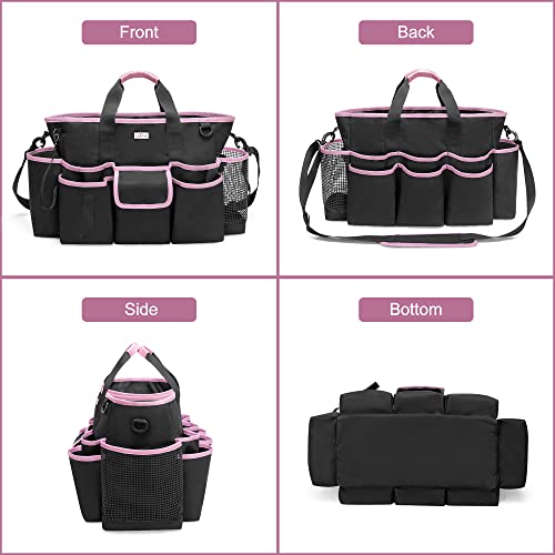 LoDird Cleaning Caddy Bag with 3 Compartments and Multifunctional Pockets, Cleaning Supplies Organizer for Cleaning Work with Handle and Shoulder Strap, Black and Pink - Image 4