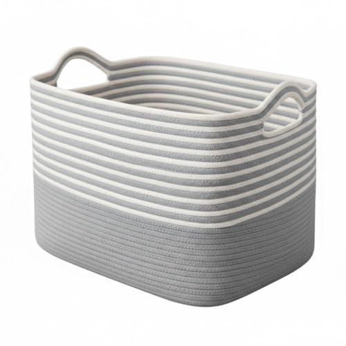 Image of Large Storage Basket, Woven Blanket Basket, Toy Basket with Handle, Laundry Hamper for Living Room, Nursery, Bedroom- 20x15x12 (LXWXH) (grey mix)