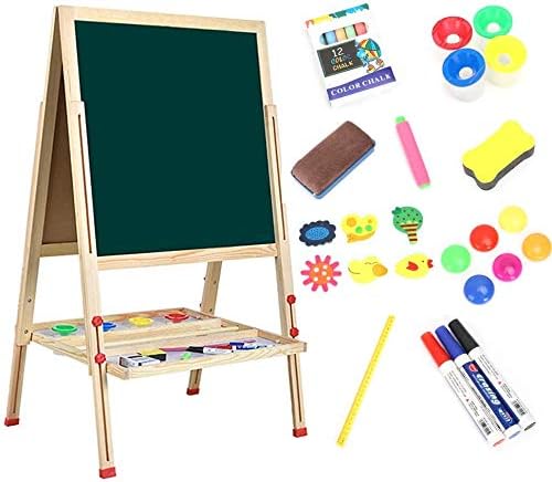 Dripex Kids Wooden Art Easel, Double-Sided Height Adjustable Painting Blackboard with Magnetic Accessories Chalk and Sponge for Toddlers and Kids