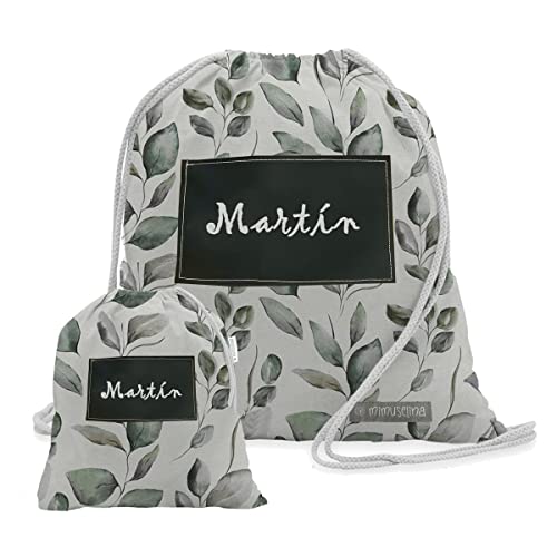 MIMUSELINA Mochilas guardería. Bolsa tela con cuerdas para guarde. Pack bolsa grande y bolsa pequeña guardamuda anti-calado. Mochila infantil pintar Nombre con rotulador Tiza (Botanic)