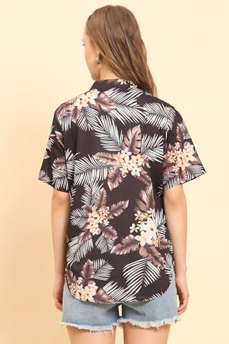 Image of Womens Casual Shirt Soft Beach Shirts Floral Tropic Print V Neck T-Shirt Short Sleeve Button Up Tops