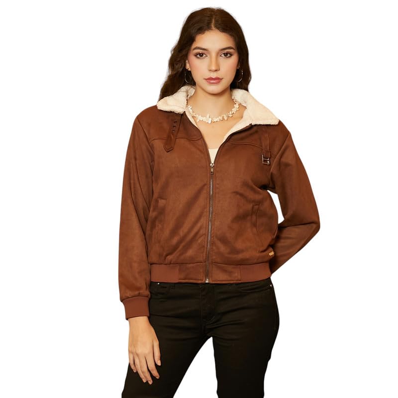 Image of PINACOLADA Women's Fleece-Lined Biker Jacket for Casual Wear | Spread Collar | Long Sleeve | Zipper Closure | Jacket Crafted with Comfort Fit for Everyday Wear