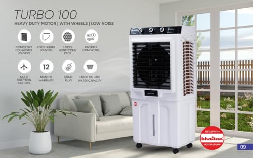 Image of Turbo 100 Air Cooler |100Ltr Tank Capacity | 18 Inch Fan | Big Ice-Chamber | 3-Speed with Auto Swing | 4-Way Air Deflection | Dense Anti-Bacto Honeycomb Cooling Pads