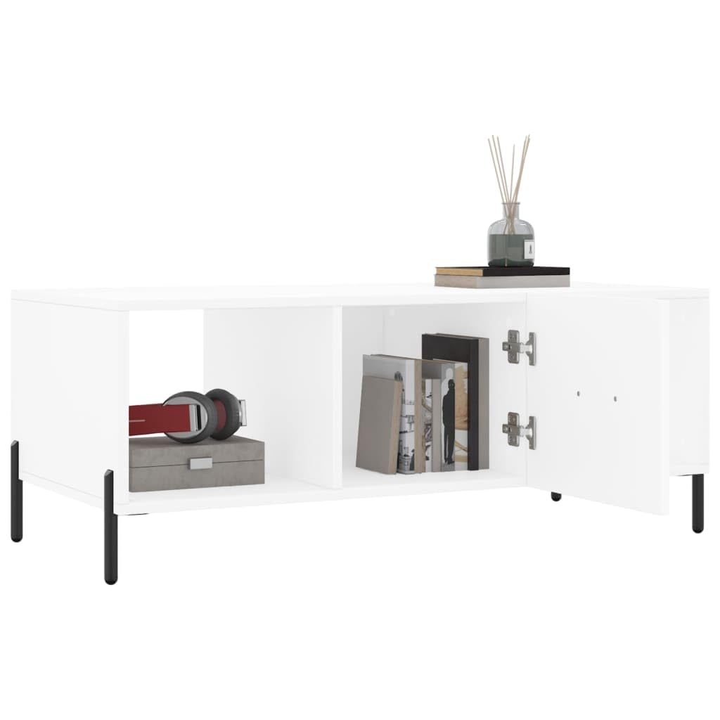 Mesa de centro blanca 102 x 50 x 40 cm de material de madera con espacio de almacenamiento, mesa auxiliar, mesa auxiliar, salón, con cajones, patas de hierro estables, práctico organizador