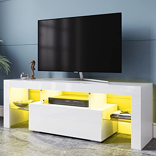 SIRHONA Meuble TV Blanc Laqué, Meuble TV LED de 16 Couleurs, Rangement de 4 Compartiments, Meuble Télé pour Chambre, Moderne