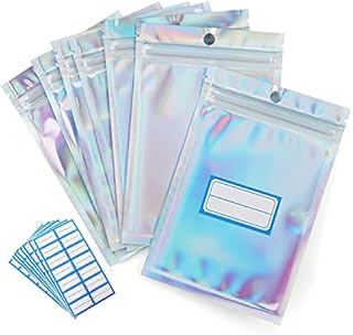 120 PCS Mylar Ziplock Bags with 126 PCS Sticky Labels, Resealable Smell Proof Bags Holographic Aluminum Foil Pouches, Clear Flat Food Storage Bags, for Candy, Cookies, Chocolate, Jewelry(10 x 15CM)