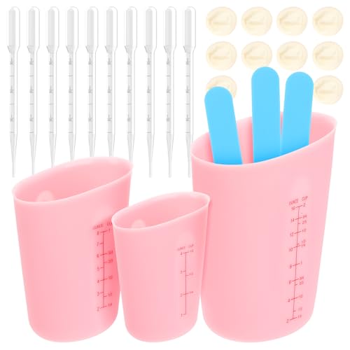 Euablfo 3 Stück Silikon Messbecher Set 125ML/250ML/500ML Messbechers aus Silikons Rührbecher Silikonbecher mit 3 Mischstab 10 Tropfer 10 Fingerbetten für DIY Basteln Gießformen Formen