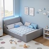 Glirun Twin Floor Bed, Velvet Twin Size Bed Frame with LED Wingback Headboard and Curve Design, No Box Spring Needed, Grey