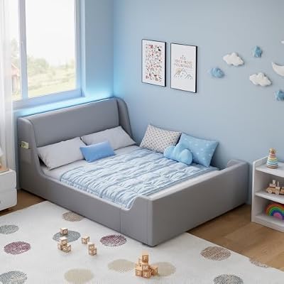 Glirun Full Floor Bed, Velvet Full Size Bed Frame with LED Wingback Headboard and Curve Design, No Box Spring Needed, Grey