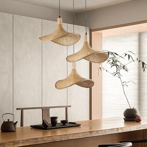 Lustre Chapeau De Paille en Bambou Lustre Abat-Jour en Rotin Naturel E27 Hauteur Ajustable Décoration De Salon, Salle À Manger, Chambre À Coucher (Ampoule Non Incluse)