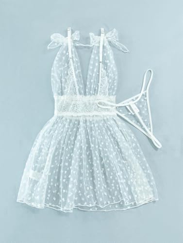 Image of Lilosy Sexy Polka Dots Mesh Sheer Lace Babydoll Chemise Lingerie Set Floral Sleep Wear