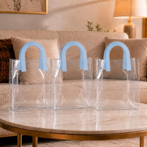 Image of SATYAM KRAFT 6 Pcs Transparent Reusable Leather Goodie Bags | Elegant Gift Bags for Her /Him Wedding Return Favors, Engagement Hampers, Marriage, Birthday & Festival Gifting | Handle Hamper Shopping Carry Bags (U-shaped Blue - Medium)