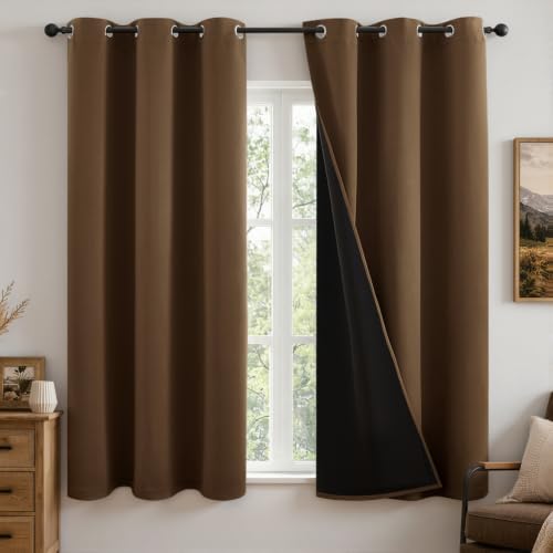 Image of MIULEE Brown 100% Blackout Curtains for Bedroom 40x45 Inch 2 Panels Set | 2 Thick Layers Thermal Insulated Short Curtains with Black Liner, Noise Reducing Grommet, Drapes for Living Room