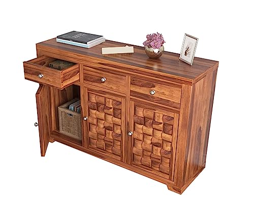 Image of Credenza Sheesham Wood Sideboard Cabinet | 3 Drawer & 3 Shelf Solid Wood Storage | Honey Finish Buffet Table for Living Room, Dining Room, Kitchen Cabinet & Home Furniture