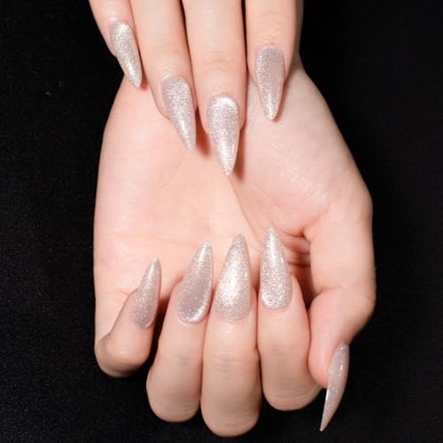 Gentle Claws Press On Nails - Diamond Shine | Artsy Series | Beautiful White Silver Velvet Glitter Nails | Medium Long Almond Nails for All, 24 Pcs Reusable Nails