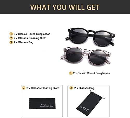 Long Keeper 2 Pair Vintage Round Sunglasses for Mens Womens Clear Frame Classic Retro Small Round Glasses UV400 Protection
