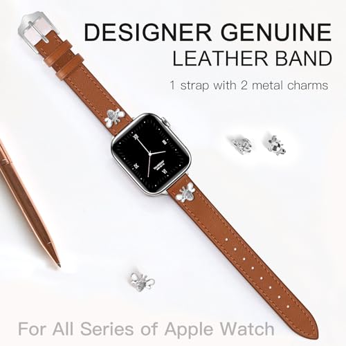 Image of JR.DM Slim Leather Bands Compatible with Apple Watch Band 38mm 40mm 41mm 42mm 44mm 45mm 46mm 49mm, Genuine Leather Band with Charms, Feminine Design for Iwatch Ultra SE Series 11 10 9 8 7 6 5 4 3 2 1