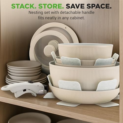 Nutrichef Set Pentole E Padelle In Ceramica 18 Pezzi Con Manici Removibili, Antiaderenti Senza Ptfe, Design Salvaspazio, Per Forno E Piano Cottura, Crema - 7