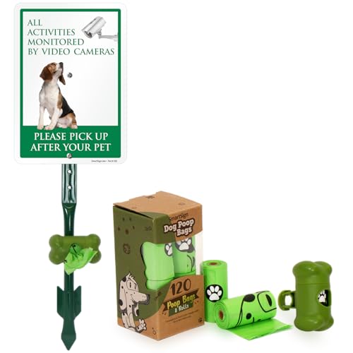 SmartSign Pick Up After Pet Monitored By Video Cameras Yard Sign & Clip-On Preloaded Dispenser Combo/Kit with 135 Dog Poop Waste Bags, 7