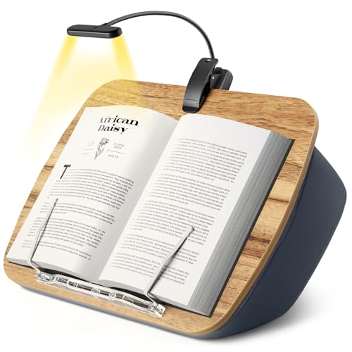 HUMANCOZY Reading Book Pillow Stand with 3-Color Adjustable Light, Hands-Free Book Holder for Bed or Lap, Wooden Surface, AAA Batteries Required