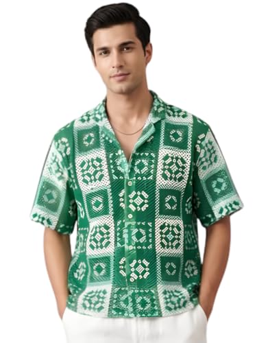 Image of GRECIILOOKS Men`s Shirt | Mens Casual Crochet Knitted | Half Sleeve Printed Crochet with Cuban Collar Shirt`s | Relaxed fit Textured & Stylish Premium Mens Shirt