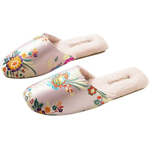 Layheld Silk Embroidered Summer Winter Slippers for Women Retro Brocade Upper Fuzzy Lining silk linen insole Warm Soft TPR Anti-Slip Soles Indoor Gift for Christmas (7-7.5 women/5-5.5 men,fuzzy pink,7,7.5,Women)