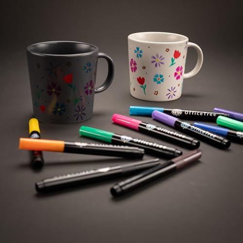 OfficeTree 12 x Porzellanstifte Spülmaschinenfest - 12 Farben - Pinselspitze - Glas und Porzellanstifte auf Wasserbasis - Keramikstifte spülmaschinenfest für Porzellan, Keramik & Glas - Porcelain Pen