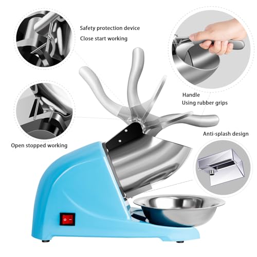 INSELY 4-blades Ice Shaver, Electric Shaved Ice Machine,Ice Shaver Machine,200lbs/hr ice crusher with Ice Pick for Home and Commercial Use(Blue)