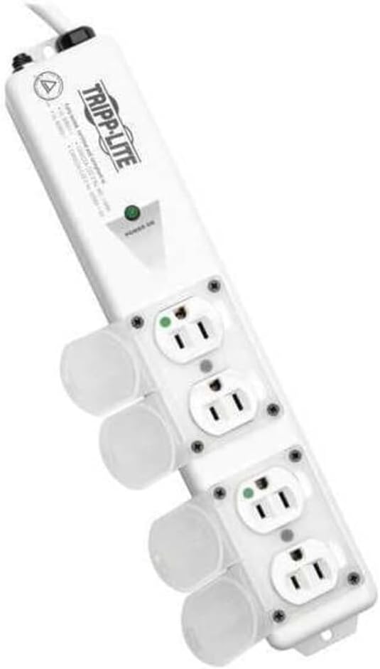 Regleta de protección eléctrica hospitalaria Tripp Lite Safe-IT para zonas cercanas a pacientes, 4 enchufes hospitalarios de 15 A, cumplimiento UL 60601-1, cable de 1,8 m, tapas de seguridad para enchufes, color blanco (PS-406-HGULTRA) miniatura 1