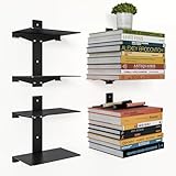 Fun Memories Invisible Floating Bookshelves for Wall, 4 Tier Vertical Spine Book Tower, Heavy Duty Floating Book Shelves Metal Book Organizers for Home Office, 2 Pack, Black