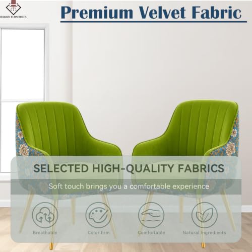 Image of Set of 2 Accent Chair for Living Room | Modern Armchair in Soft Velvet Fabric with Sturdy Legs | Premium Chair for Home Living Room Bedroom Restaurent | (Gold Legs, Parrot Green Floral)