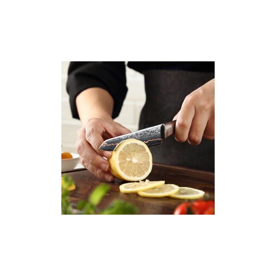 Wakoli Damascus Kitchen Knife Set, 3-Piece Professional Chef Knife Set made from 67 Layers of Damascus Steel with Copper Inlay, Knives Set for Kitchen with Maple Stabilized Wood Handle (Kawa Series)