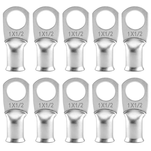 Image of Heschen 10Pcs 1x1/2 Wire Lugs, Tinned Copper Ring Terminals, 1 AWG (40mm²), 1/2" (M12) Bolt Hole Battery Cable Ends, for Marine, Solar, MCCB