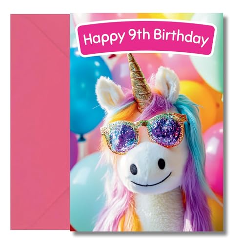 LimaLima 9th Birthday Card Girl – Unicorn Birthday Card for Daughter, Niece, Granddaughter – Cute 9 Year Old Girl Glitter Sunglasses Unicorn Design – Magical Kids