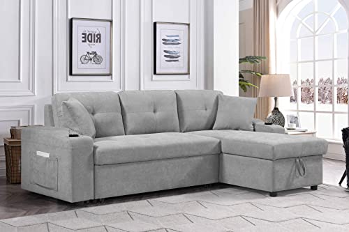 Aty L-Shape Sectional Sofa With Pull-Out Bed And Storage Space, Right-Facing Convertible Sleeper Couch W/Chaise Longue, 2 Cup Holders & Side Pockets, For Living Room, Apartment, 92", Gray #TOP2