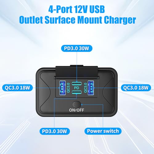 78W 4 Port 12V USB Outlet Wall Mount, Dual 36W PD & Dual 18W QC3.0 Lightweight Surface Mount Charger Socket Panel with Button Switch for Bus RV Truck Marine Golf Cart