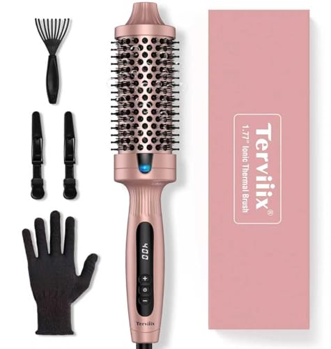 Terviiix 1.77 Inch Thermal Brush, Double MCH Ceramic Hot Brush Tourmaline Ionic 2 in 1 Heated Hair Curling Wand, Digital Display 9 Temperatures Curling Iron Dual Voltage for Long Hair
