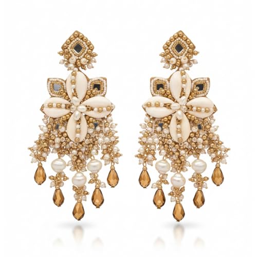Image of SANJOYA by EVERSTYLISH Hand-Embroidered Statement Earrings for Women | Festive Ethnic Wear | Shell, Bead & Glass Drop Detailing | Lightweight, Gold-Toned Danglers for Weddings, Parties & Gifting