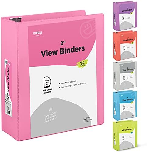 2 Inch 3 Ring Binder 2” Pink, Slant D-Ring 2 in Binder Clear View Cover with 2 Inside Pockets, Heavy Duty Colored School Supplies Office and Home Binders – by Enday