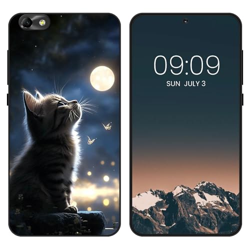 WUACYEAMING Funda Bonita para Honor 4C/Huawei G Play Mini,Carcasa con Aesthetic Lindo Dibujos,Ultrafina Suave TPU Antigolpes Case Divertidas Diseño Negro-Luna y Gato
