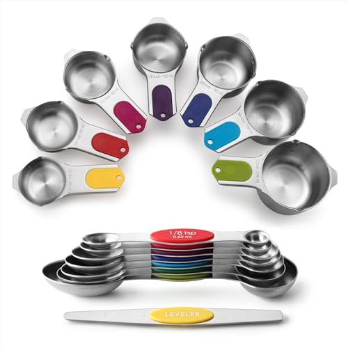 Spring Chef Magnetic Measuring Cups & Spoons Set (Patent Pending), Strong N45 Magnets, Heavy Duty Stainless Steel Fits in Spice Jars for Baking & Cooking, BPA Free, Set of 15 with Leveler, Multicolor