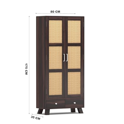 Image of Solid Wood 2 Door Wardrobe with Cane Design | Wooden Almirah with Storage Drawer | Modern Vintage Cupboard for Bedroom & Living Room (Walnut Finish)