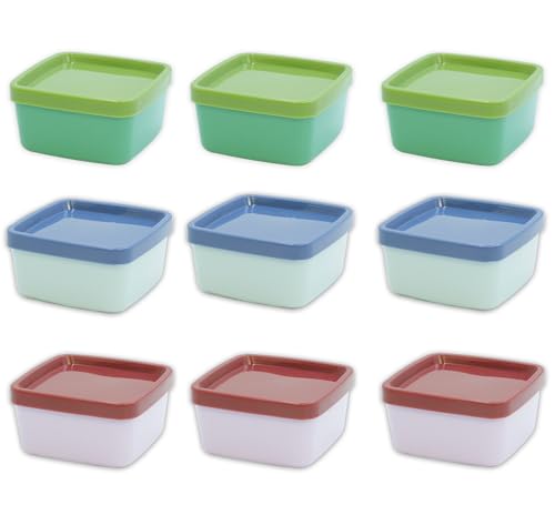 9 Mini Multicoloured Square Plastic Containers With Lids 80ml - Colour Co-ordinated Food Containers Stackable, Snack, Sauce Containers, Freezing, Cooking, Weaning Pots, Arts & Crafts Supply Storage