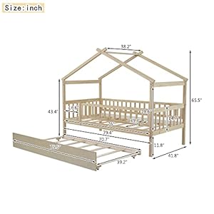 Twin Size House Bed with Trundle, Wooden Playhouse Kids Bed Frame with Roof and Fence, Montessori Style Bed with Guardrails for Kids, Teens, Boys, Girls, Natural. Twin Size House Bed with Trundle Wooden Playhouse Kids Bed Frame with Roof and Fence Montessori Style Bed with Guardrails for Kids Teens Boys Girls Natural