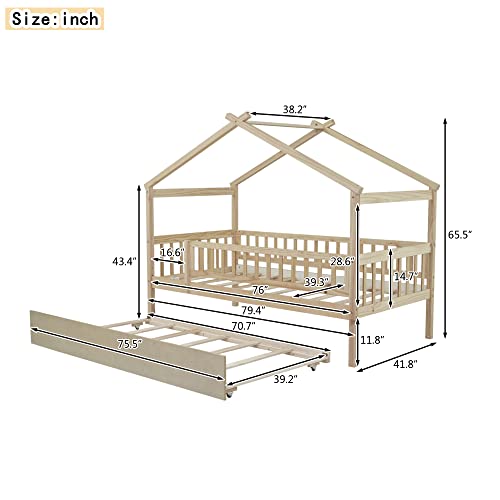 Twin-Size-House-Bed-with-Trundle-Wooden-Playhouse-Kids-Bed-Frame-with-Roof-and-Fence-Montessori-Style-Bed-with-Guardrails-for-Kids-Teens-Boys-Girls-Natural Twin Size House Bed with Trundle Wooden Playhouse Kids Bed Frame with Roof and Fence Montessori Style Bed with Guardrails for Kids Teens Boys Girls Natural