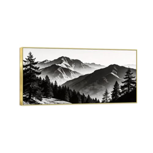 Tableau paysage montagne noir et blanc 50x100cm pour un salon moderne au cadre doré