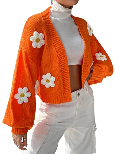 Makemechic Women's Floral Applique Lantern Sleeve Open Front Cropped Cardigan Sweater Orange S #TOP6