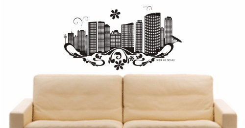 INDIGOS UGWall Sticker e686 City Skyline - Port of Spain (Trinidad and Tobago) Design 3-96 x 52 cm - Black - Decoration Kitchen Bathroom Office Hotel
